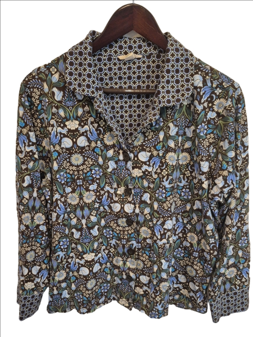 Vera Bradley Blue and Black Floral Print Cotton Button-Down Shirt Size Large